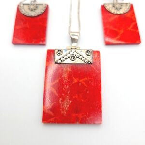 Vintage 925 Silver Red Ceramic Pendant Necklace & Earrings Set